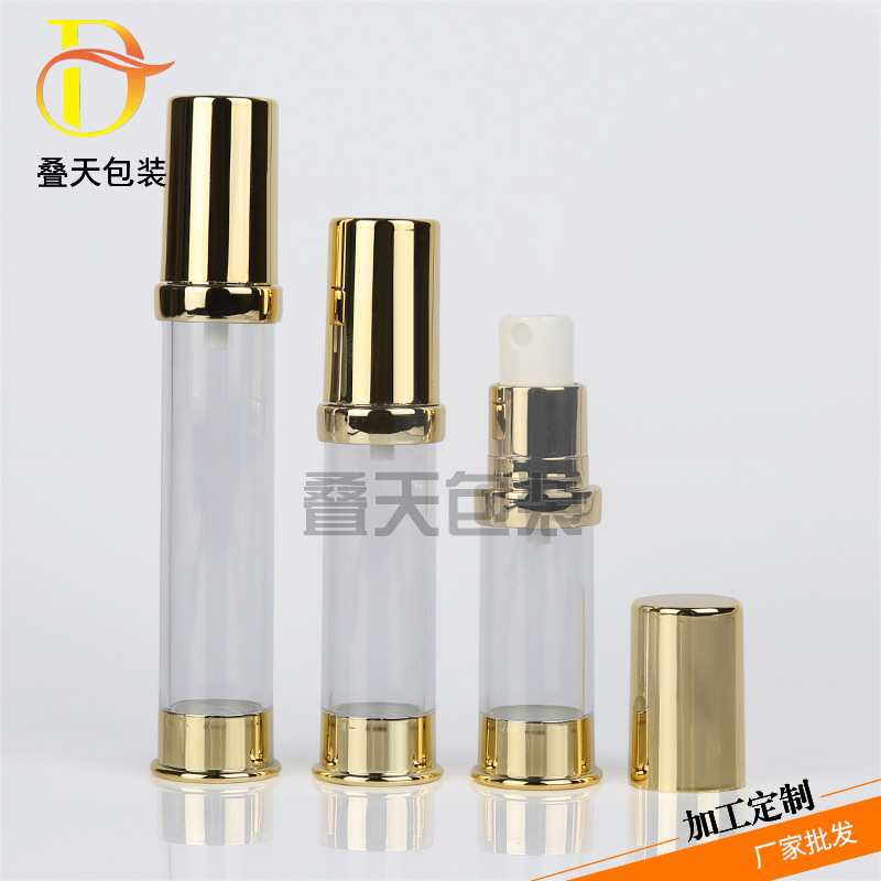 5 10 Garrafa de perfume cosmético de 15 ml, transparente dourado, tipo de prensa, garrafa de divisão, garrafa de vácuo portátil fosca